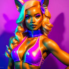 Blonde woman in bold makeup, purple bikini top, and bunny ears on colorful backdrop