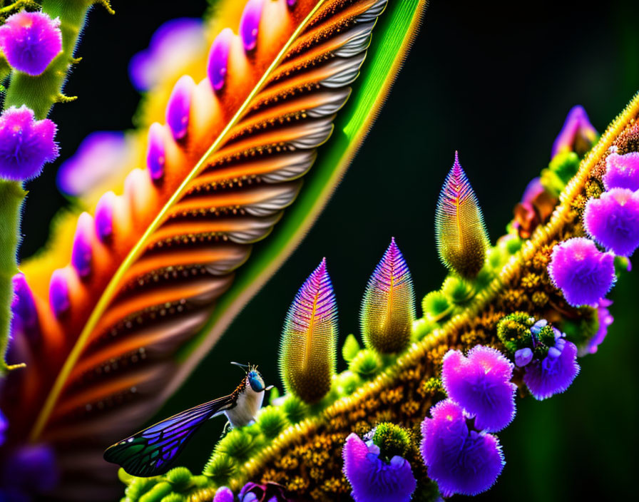 Colorful moth on vibrant plant with purple flowers in macro photo