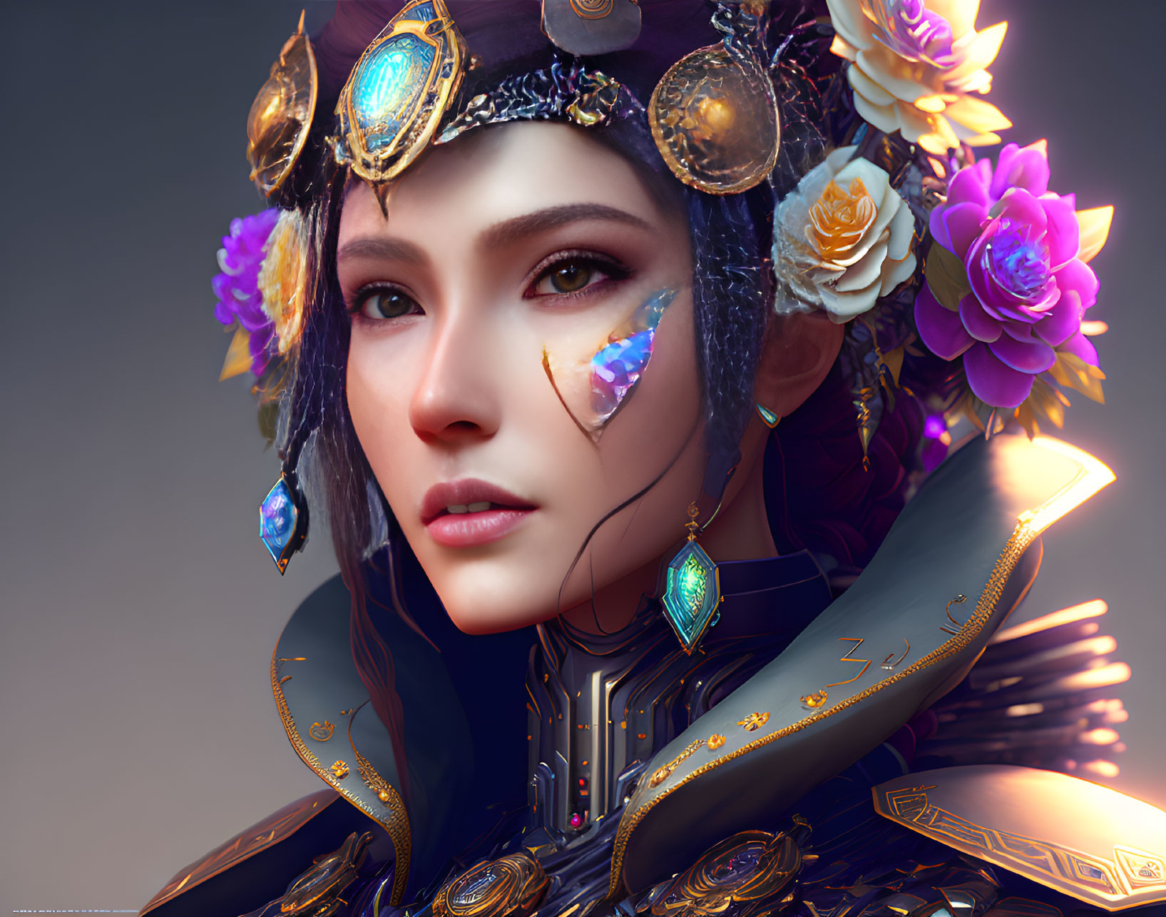 Fantasy armor woman portrait with floral hair and jewel adornments