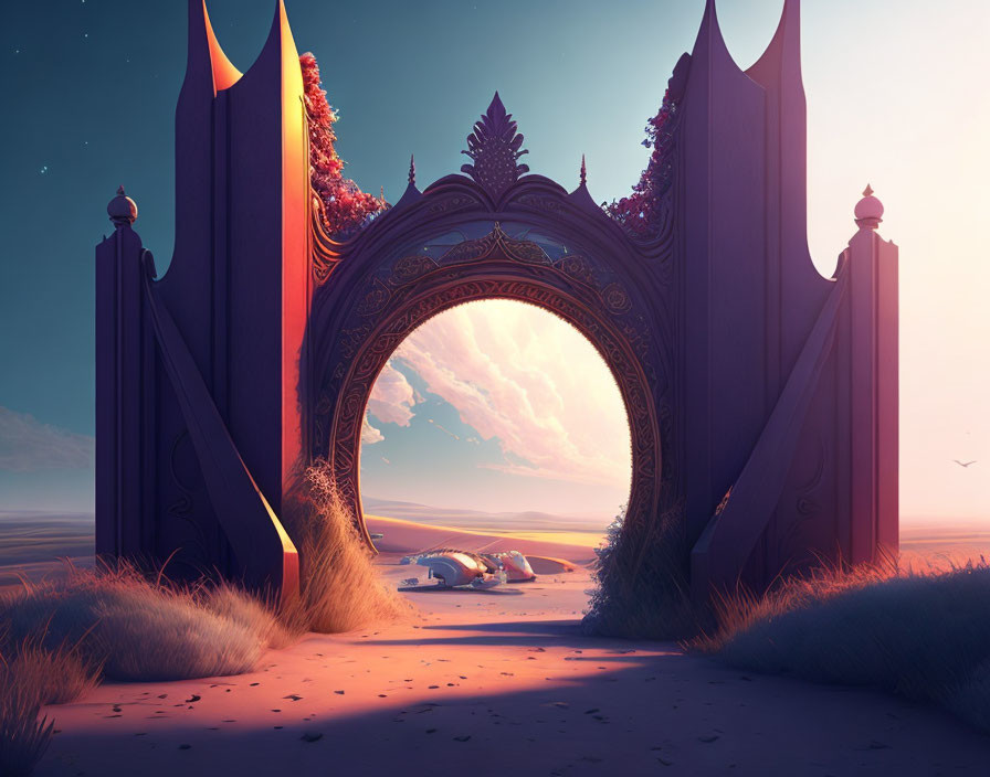 Ornate gate leading to futuristic car in serene sunrise vista