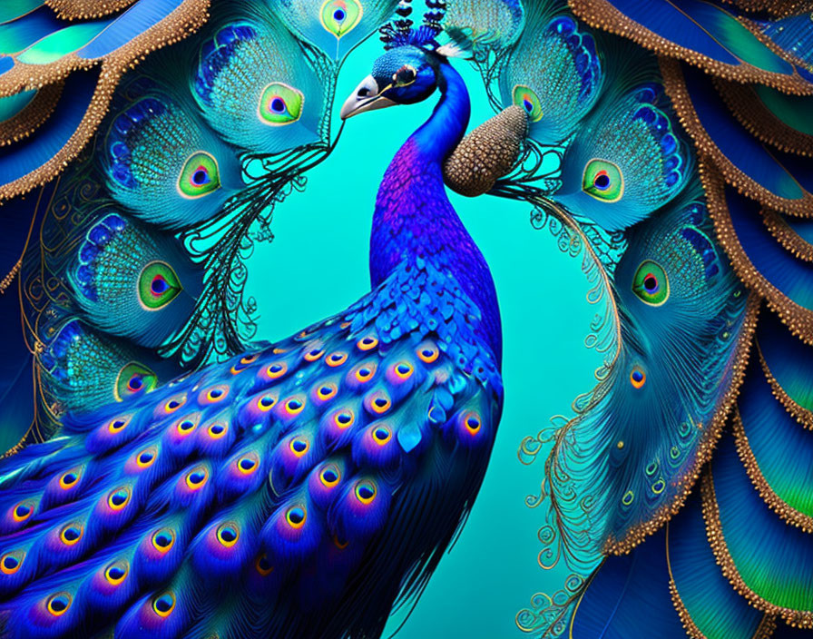 Colorful Peacock with Iridescent Blue and Green Tail Feathers