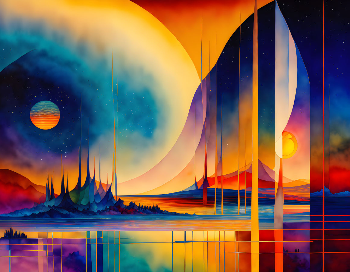 Fantasy landscape digital art: towering spires, moon, starry sky, water body at night