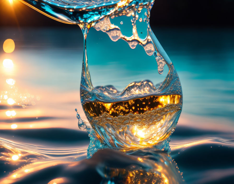 Liquid splash with golden hues on blue backdrop, glass-like appearance and bokeh effect.