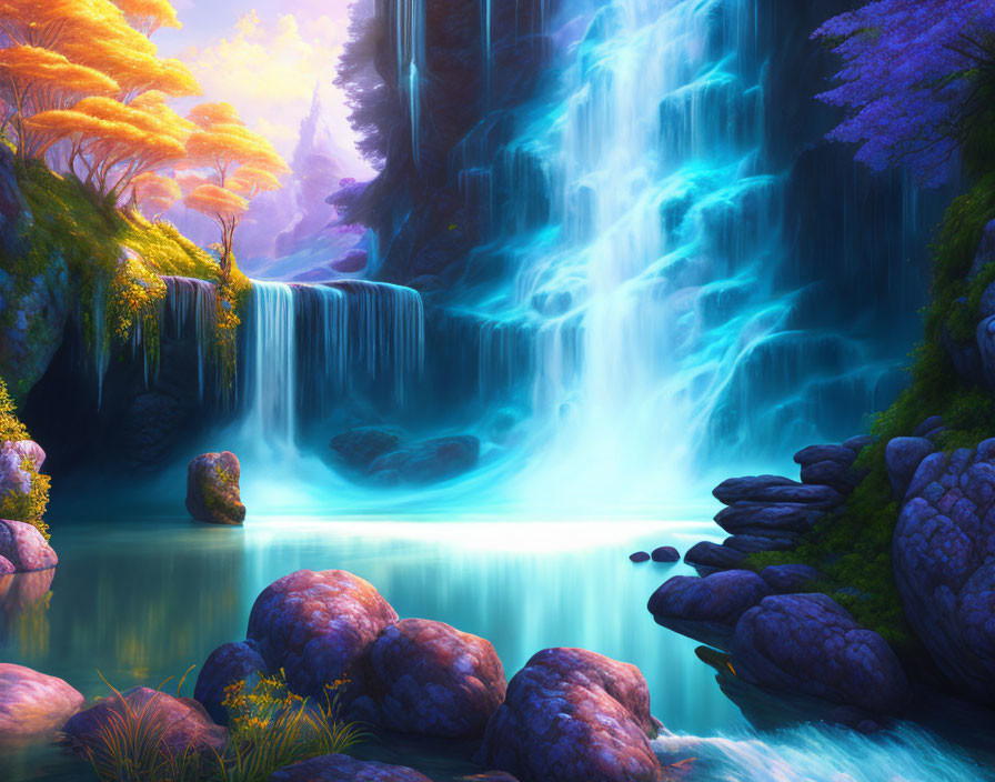 Vibrant digital artwork: Mystical waterfall with blue water, purple & orange foliage