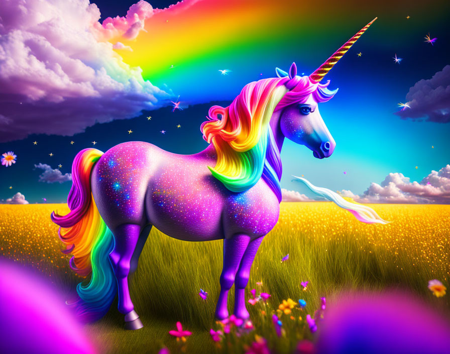 Colorful Unicorn Illustration in Vibrant Field with Rainbow Sky
