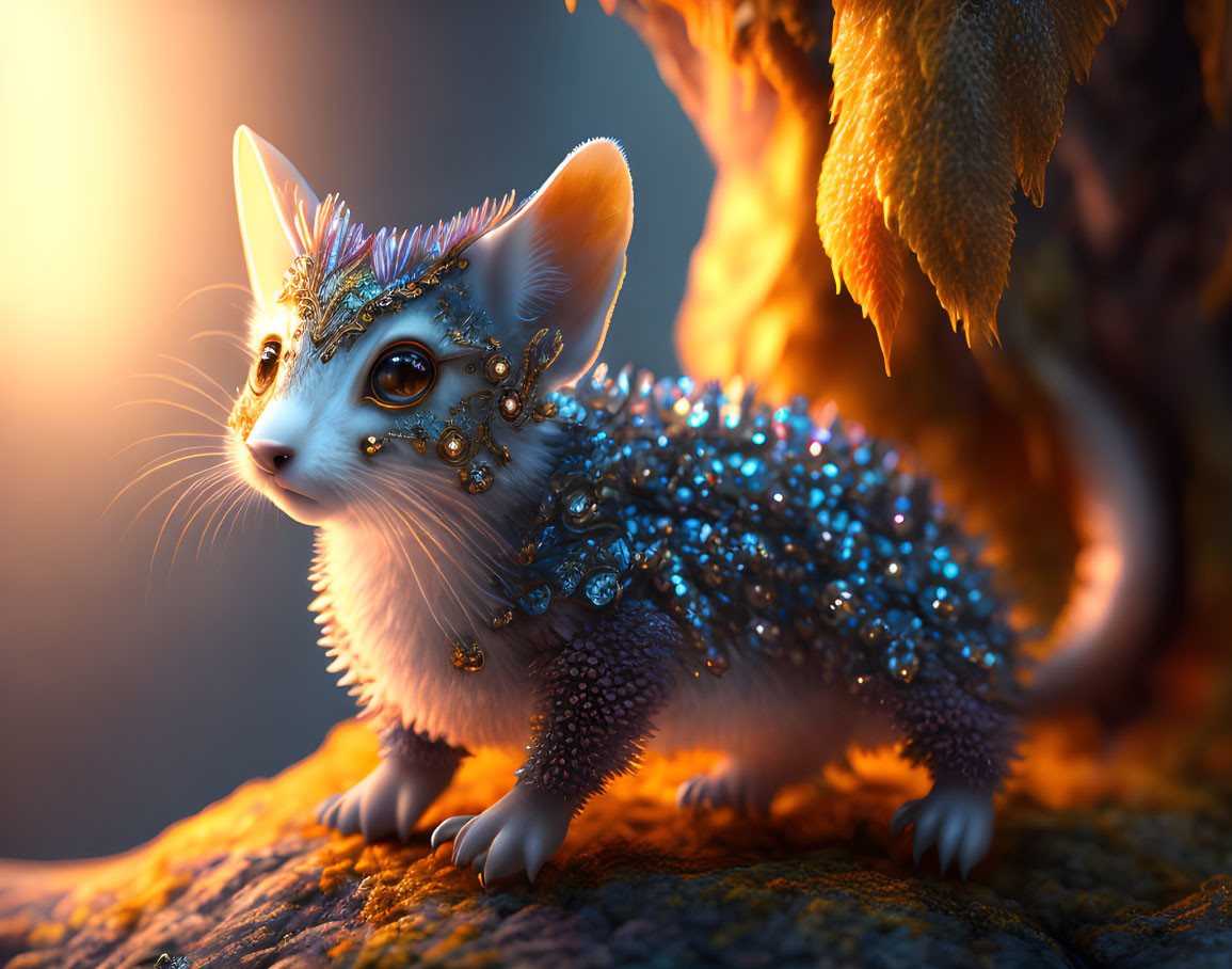 Feline-headed creature with hedgehog-like body adorned with jewels under warm light