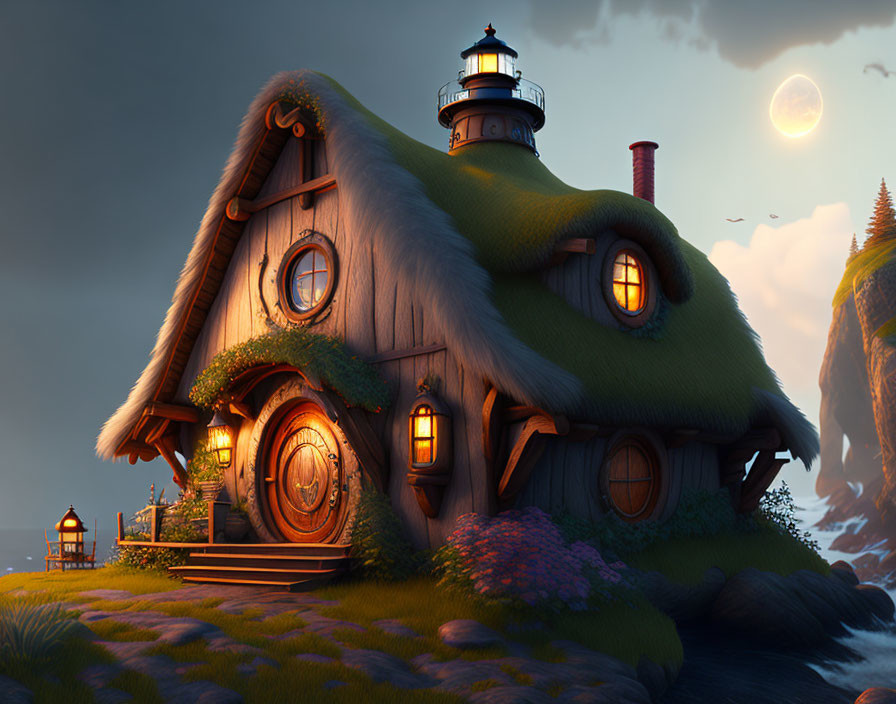 Fantasy cottage with lighthouse, circular door, lush greenery, moonlit sky