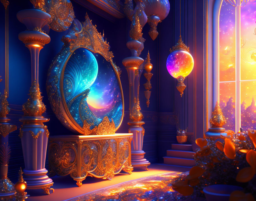 Enchanting room with golden decorations, magical mirror, lanterns, and starry night sky.