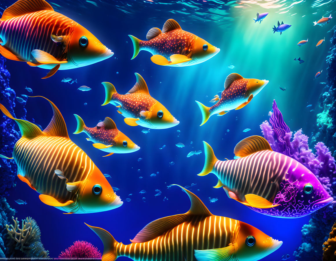 Colorful Fish and Coral in Sunlit Underwater Scene