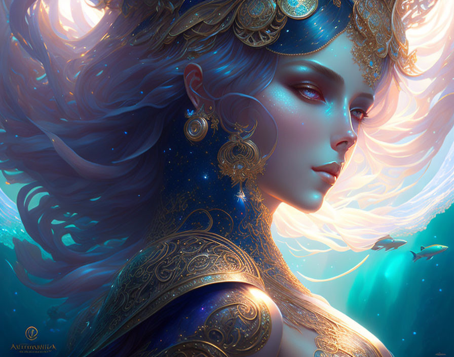 Ethereal female figure with blue and gold headgear and celestial theme.