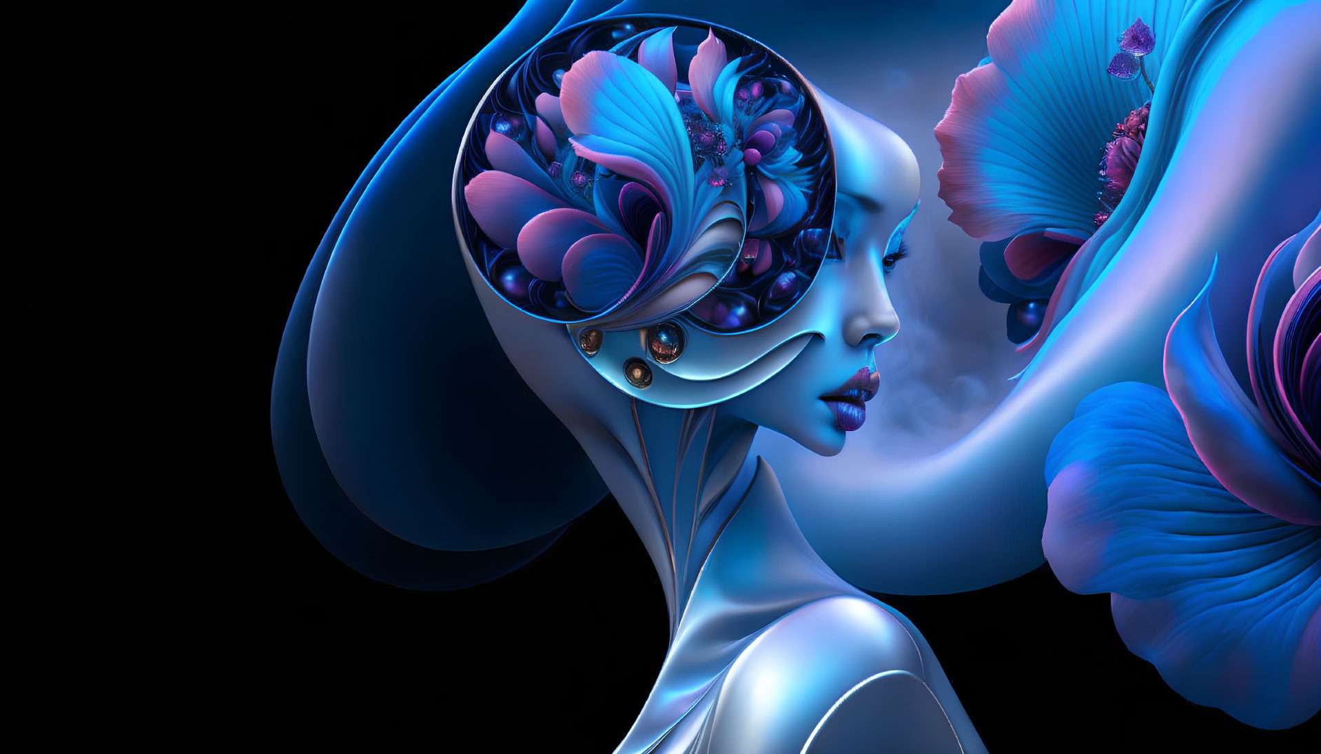 Surreal digital artwork of female figure with blue headpiece on dark background