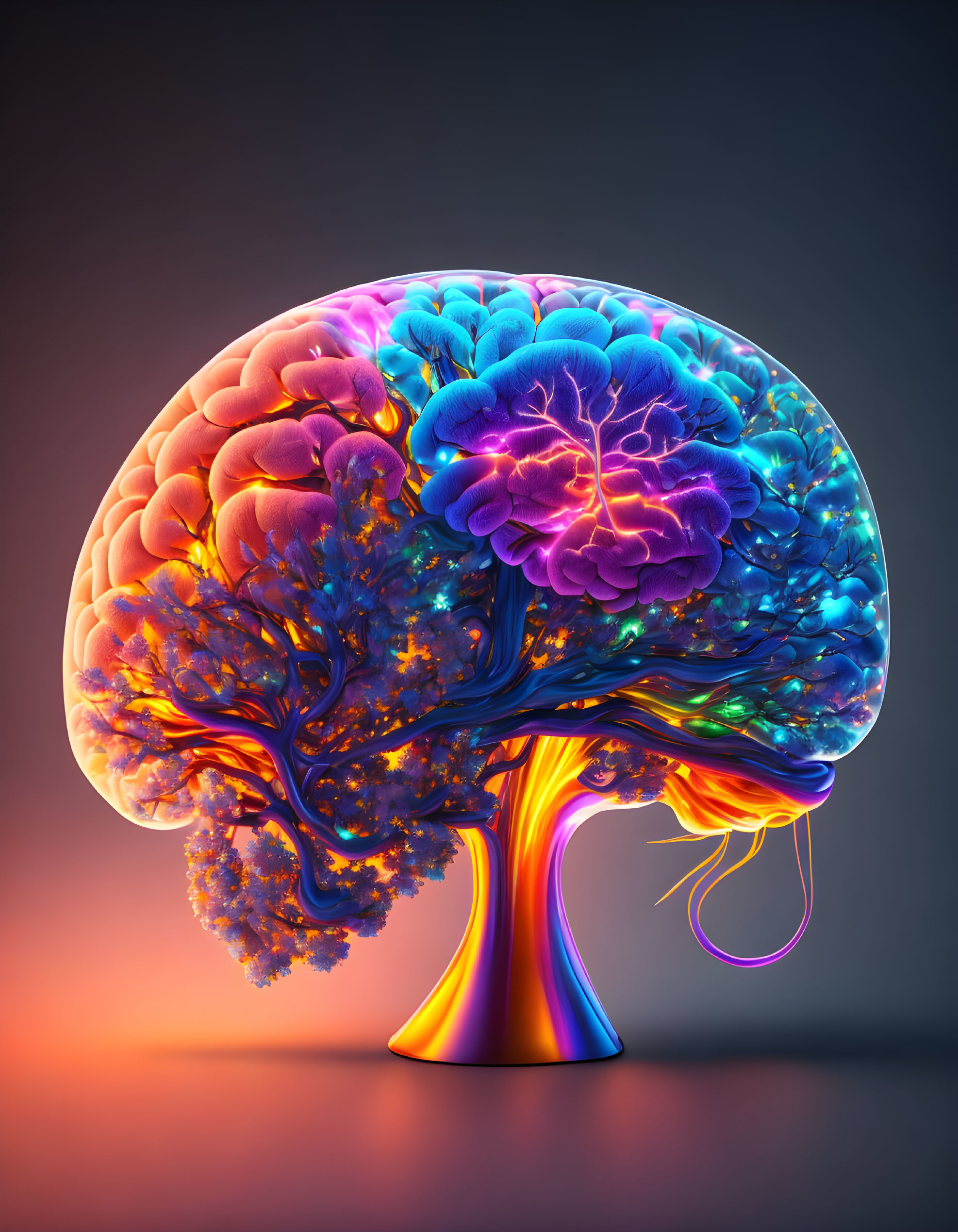 Vibrant human brain tree illustration on gradient background