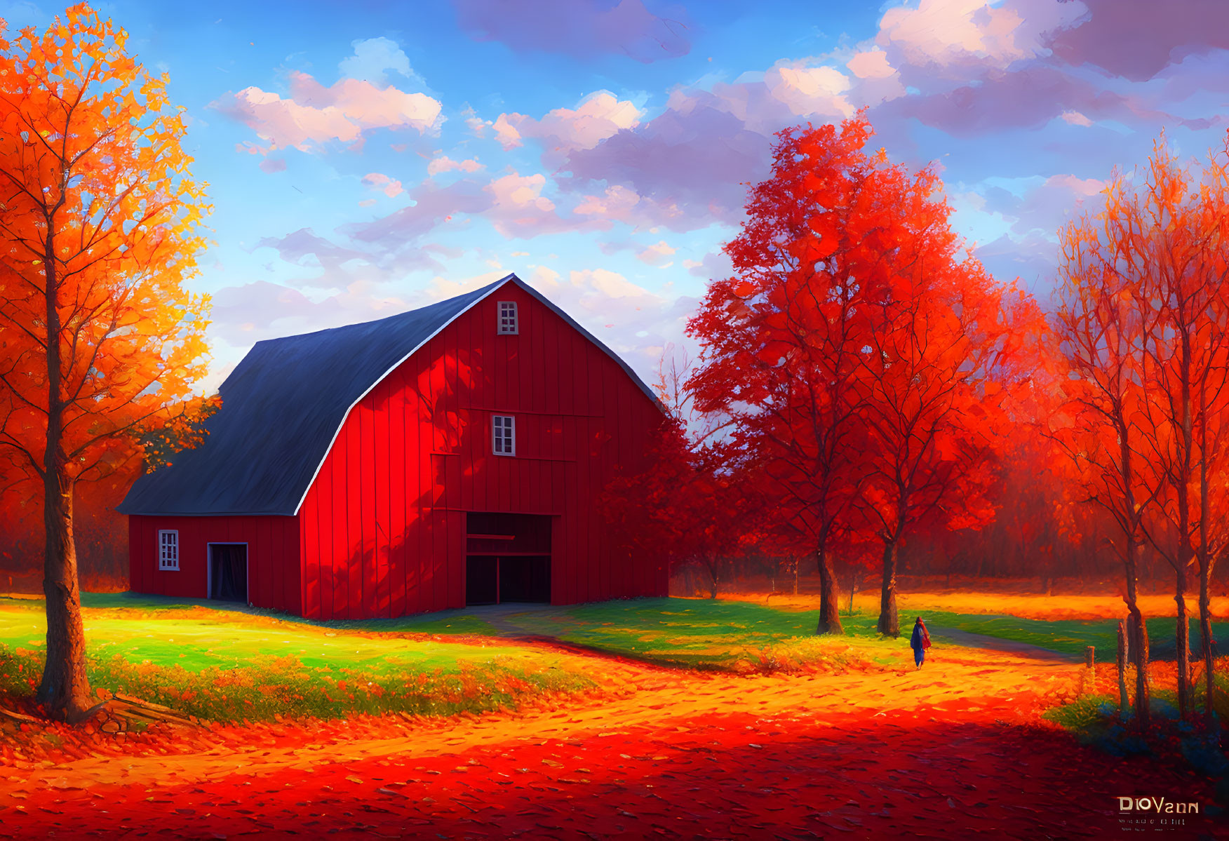 Scenic autumn landscape with red barn and golden-orange trees