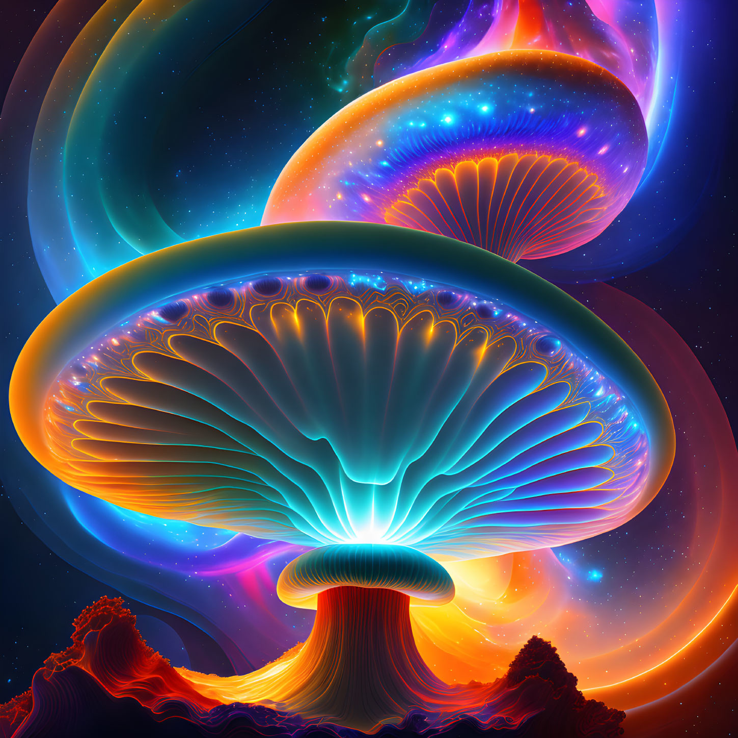 Vibrant neon-glowing mushrooms in cosmic setting