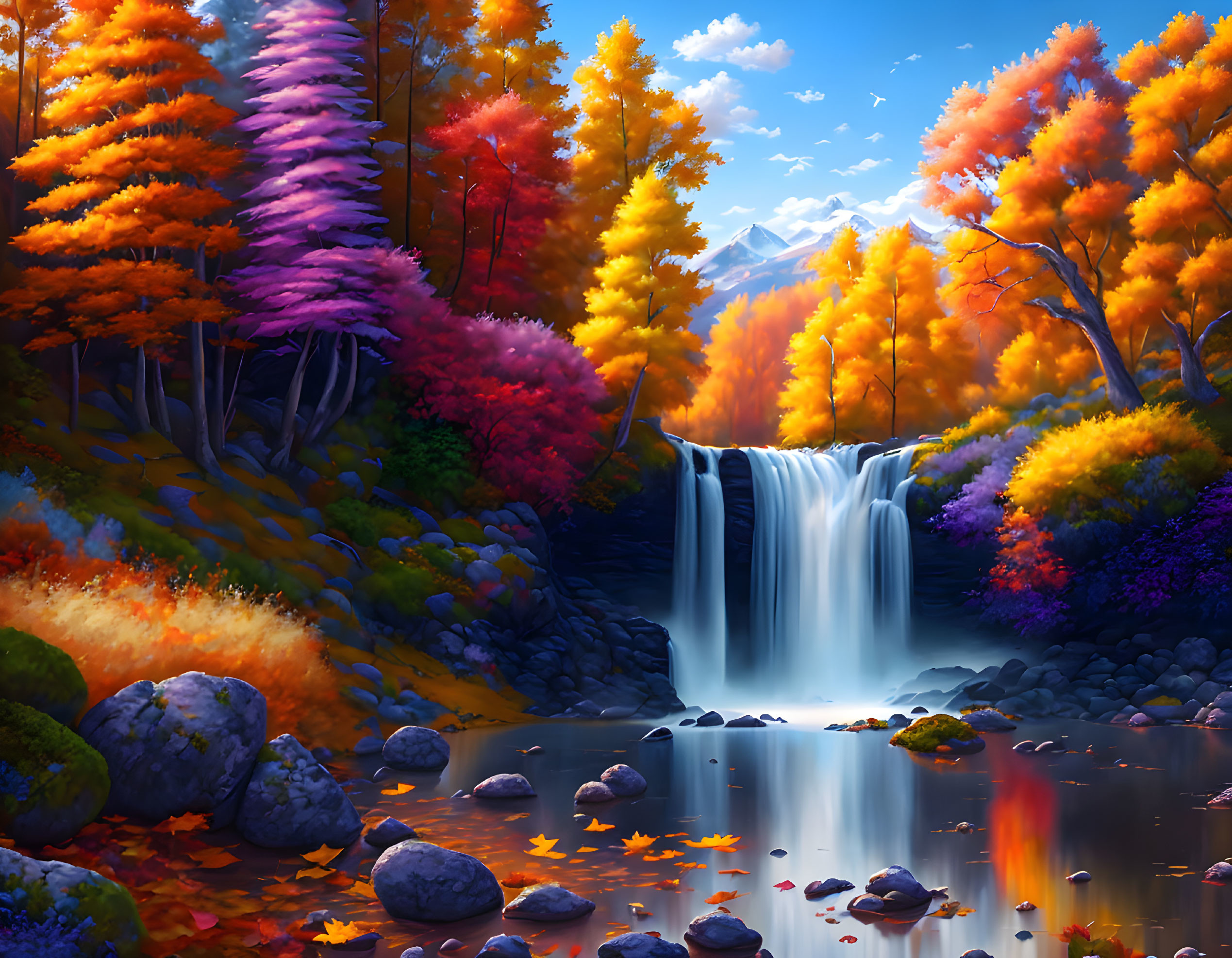 Colorful autumn landscape with waterfall and serene pond