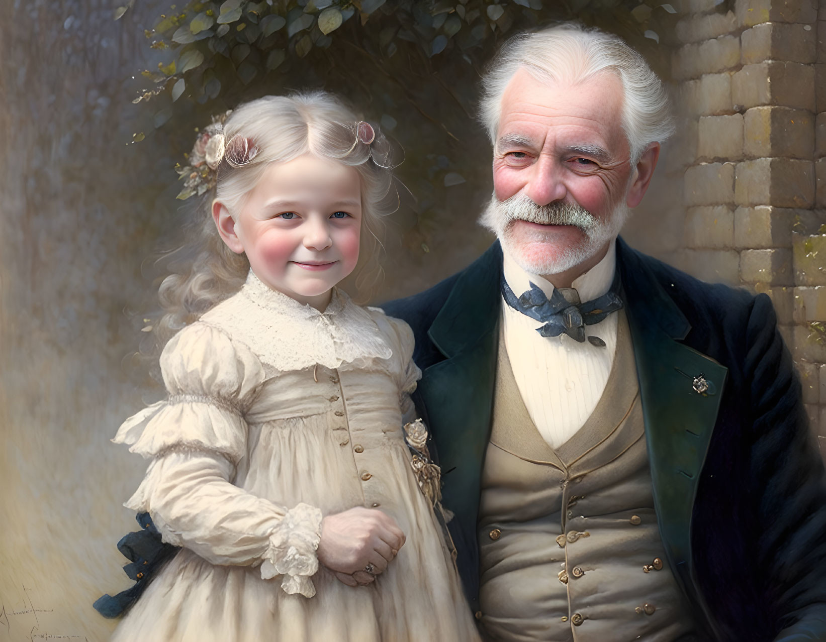 Young girl and elderly man in traditional attire smiling together