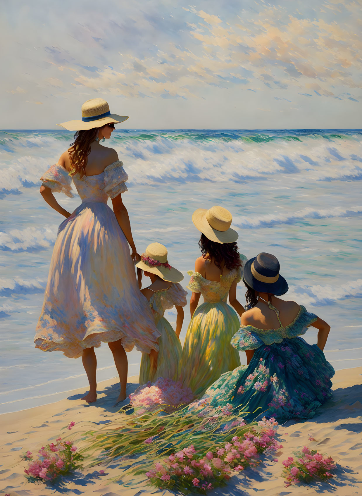 Four Women in Dresses and Hats by the Sea with Pink Flowers