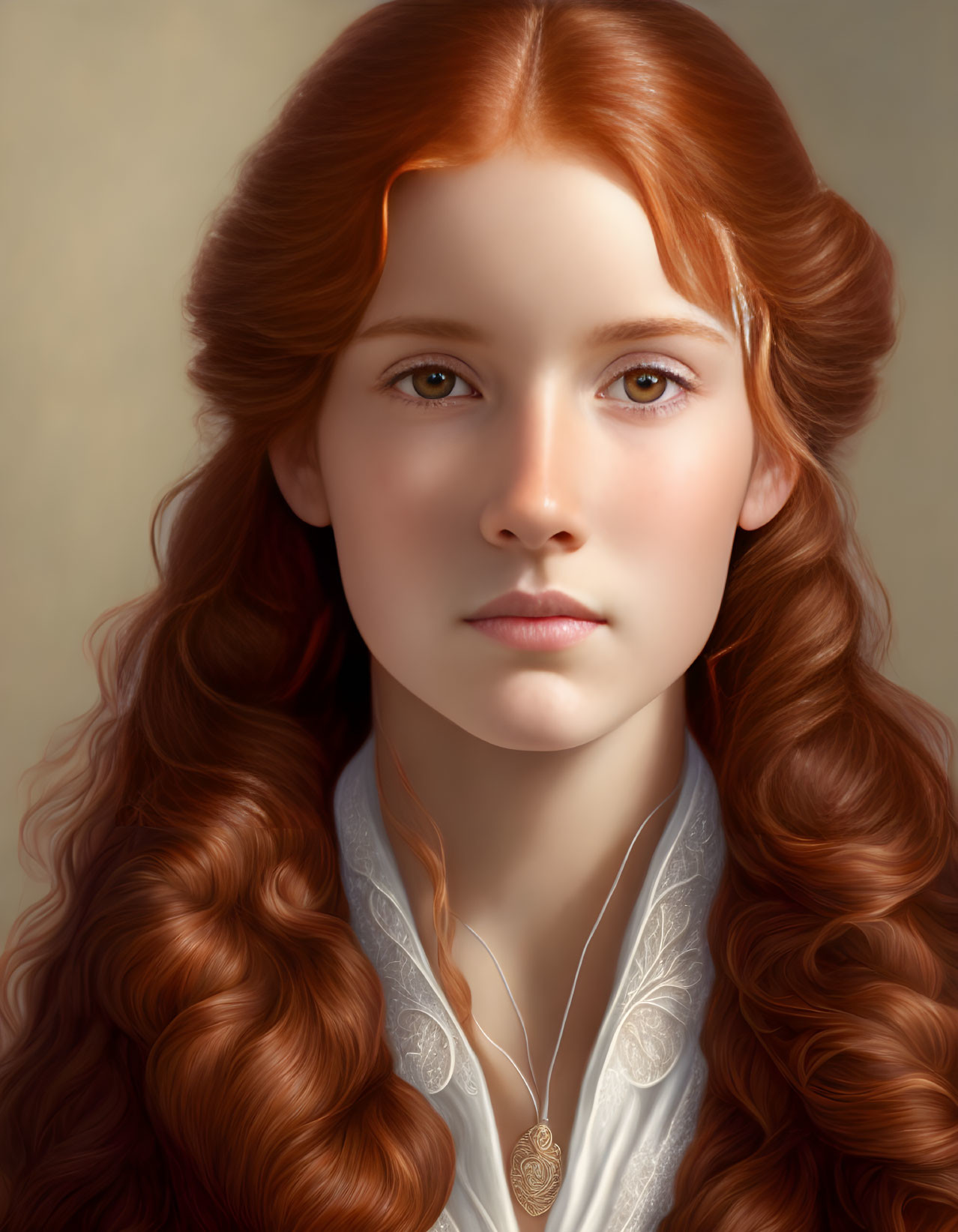 Portrait of woman with red hair, blue eyes, white blouse & necklace