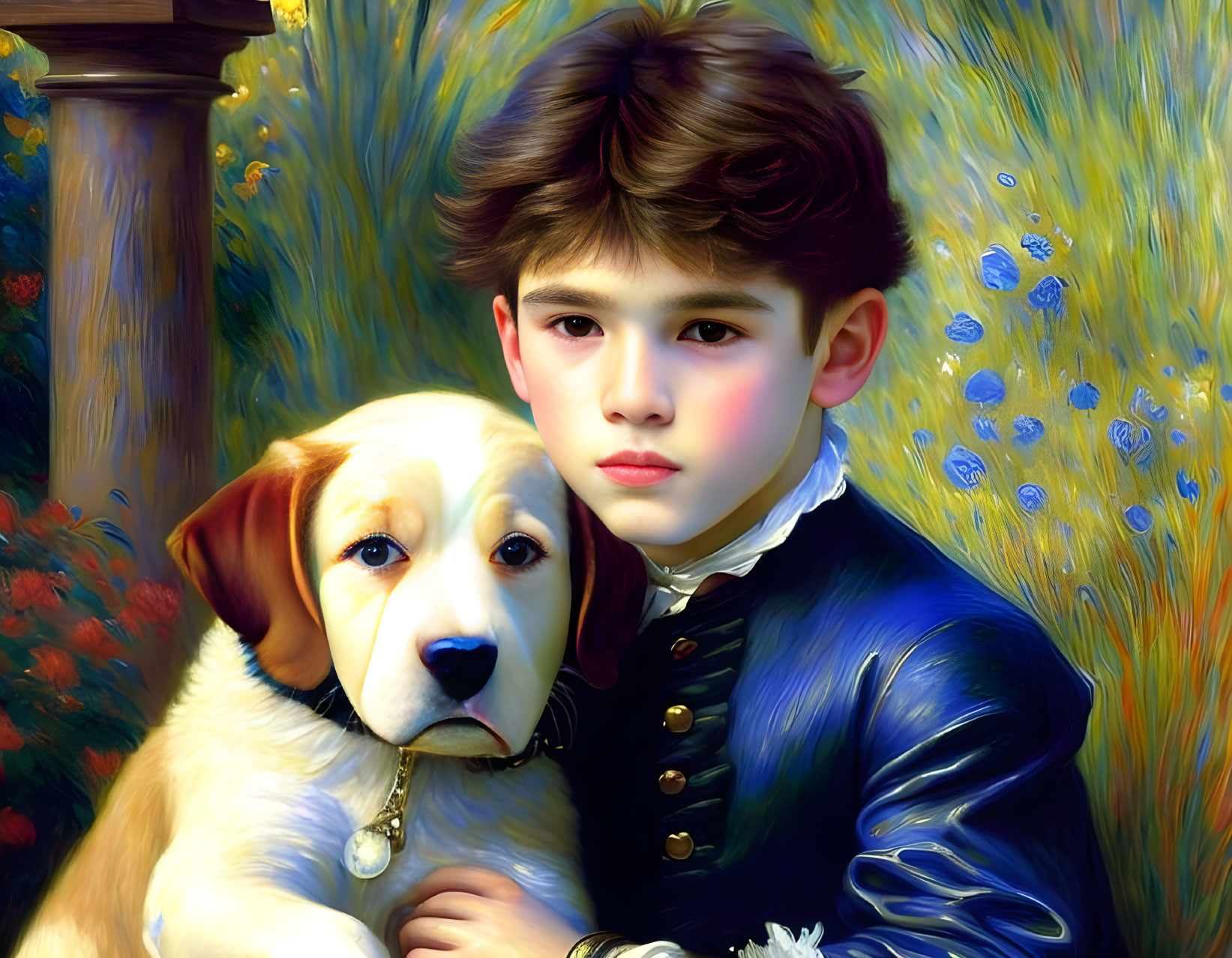 Portrait of Young Boy Embracing Puppy in Blue Outfit