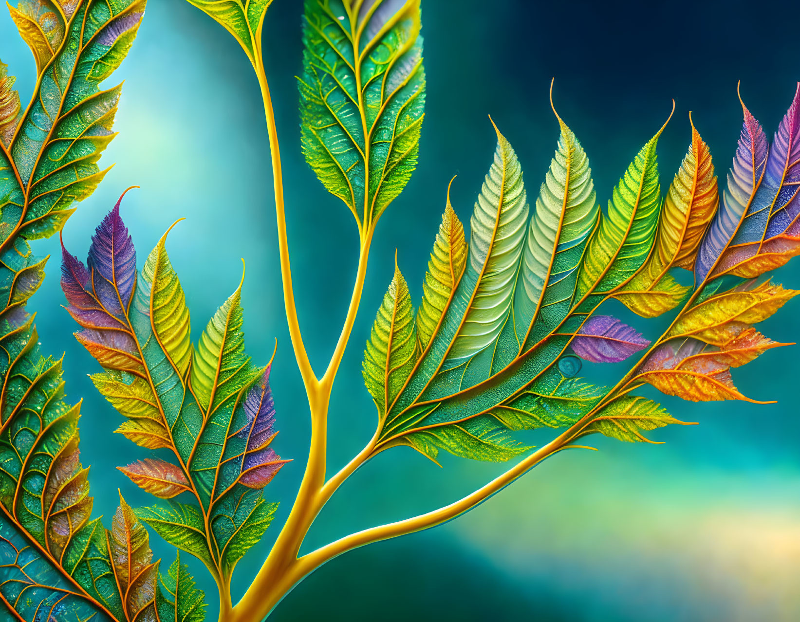 Colorful Leaves Arranged on Branches Against Soft Bokeh Background