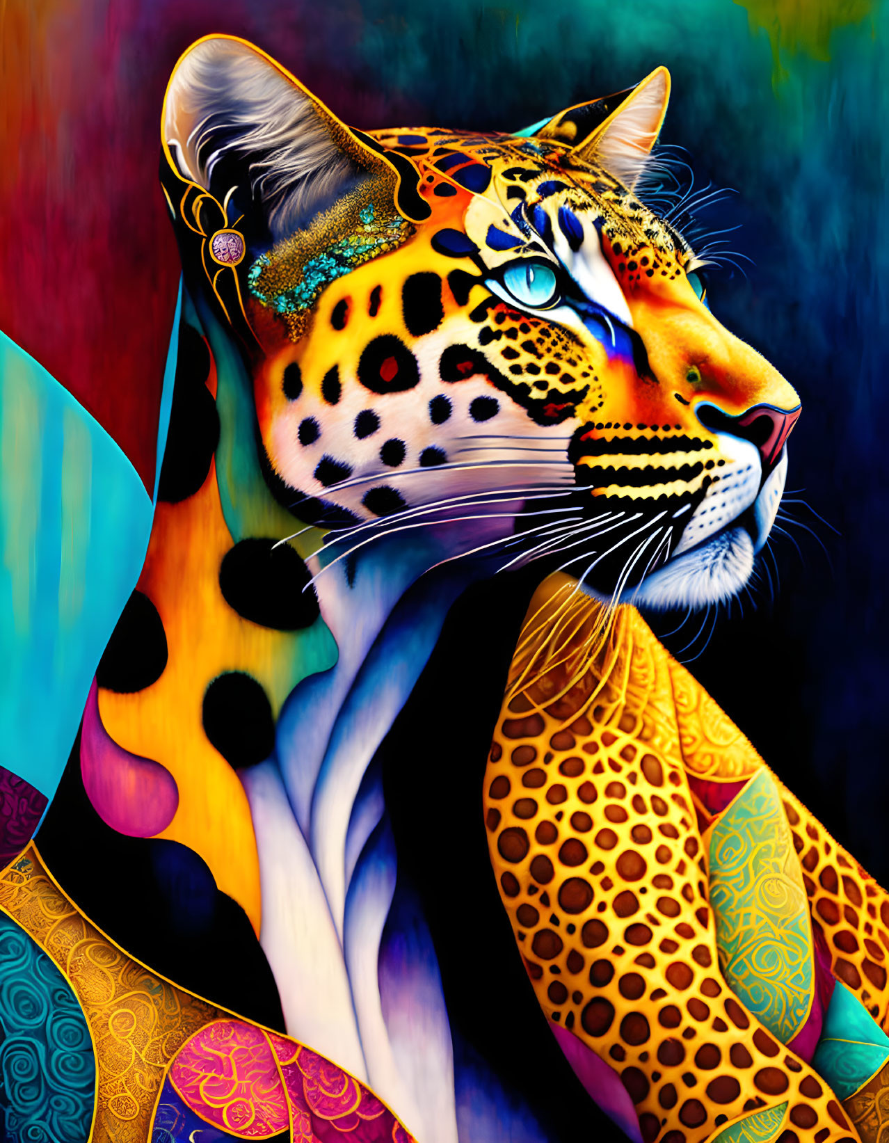 Colorful jaguar digital artwork on abstract background