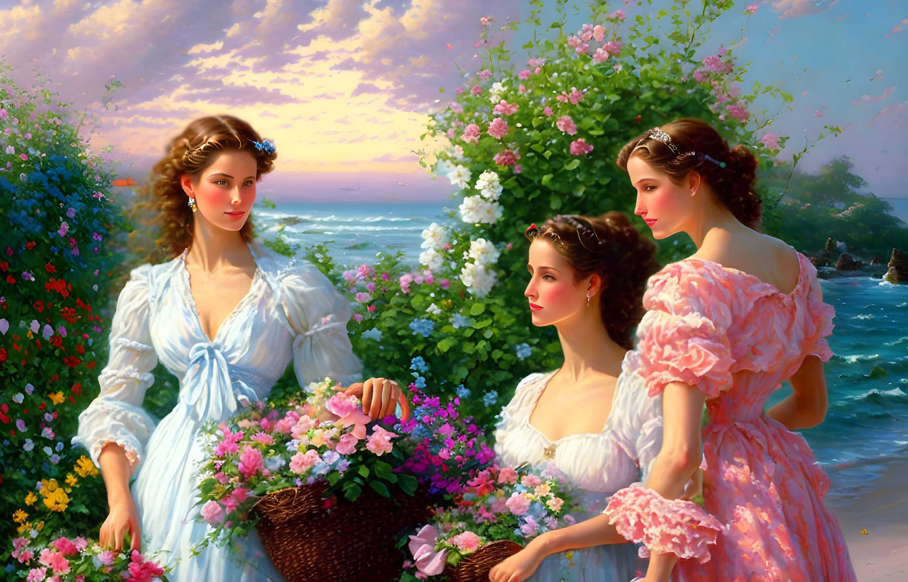 Vintage dresses women with flowers at sea shore landscape.