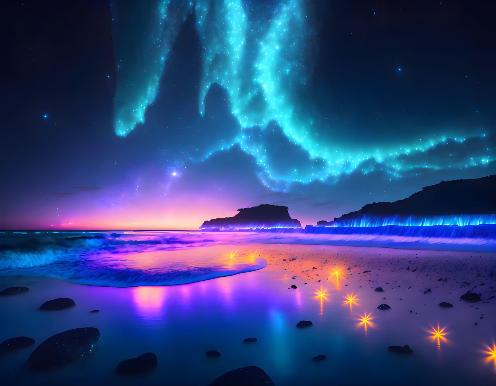 Twilight beach scene with neon waves and glowing lights