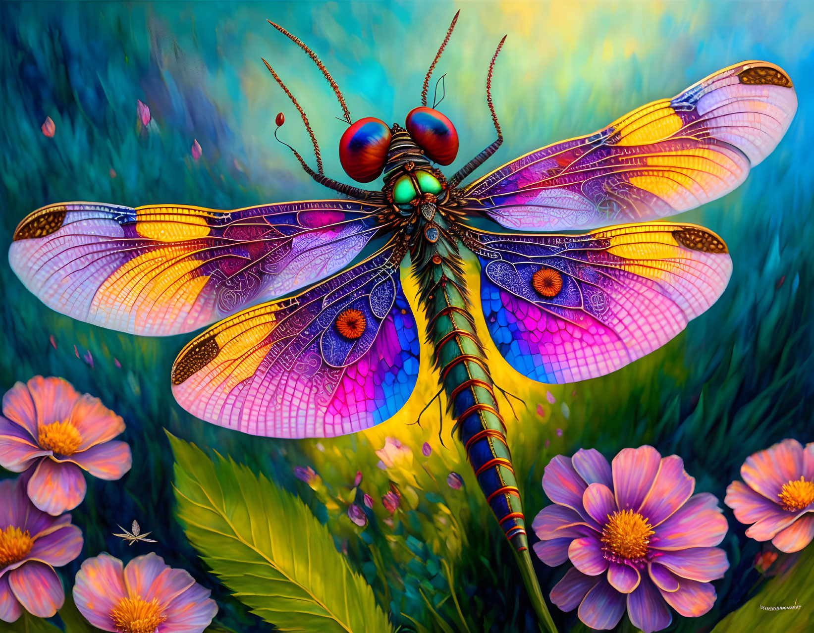 Colorful Dragonfly Illustration with Detailed Wings on Green and Pink Background