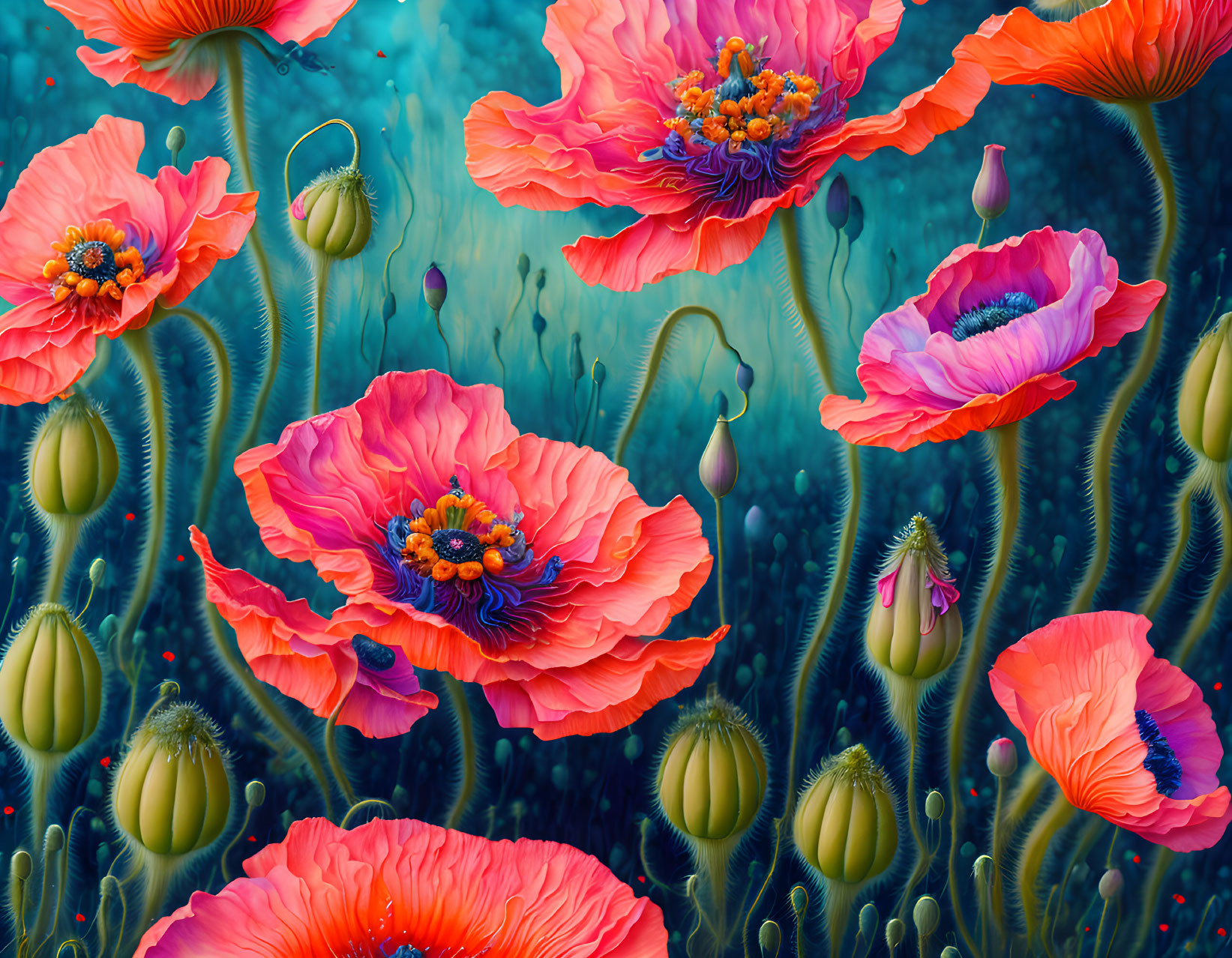 Detailed Red and Orange Poppies in Teal Setting