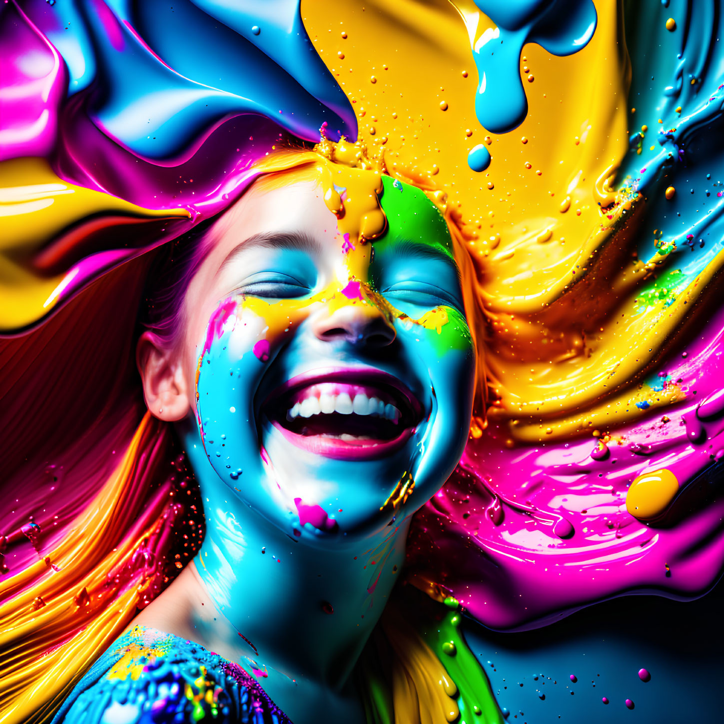 Colorful Paint Swirls Around Joyful Girl