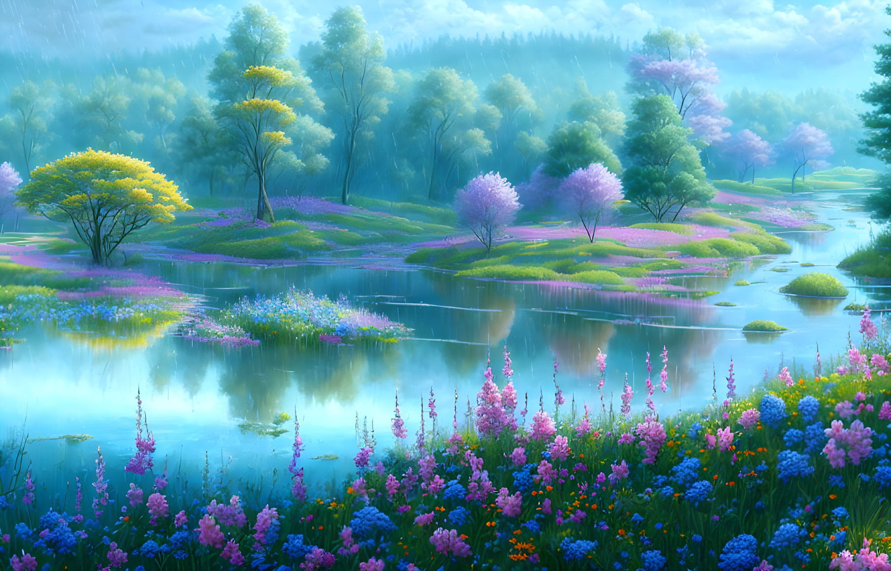 Colorful blooming landscape with reflective river under soft blue sky