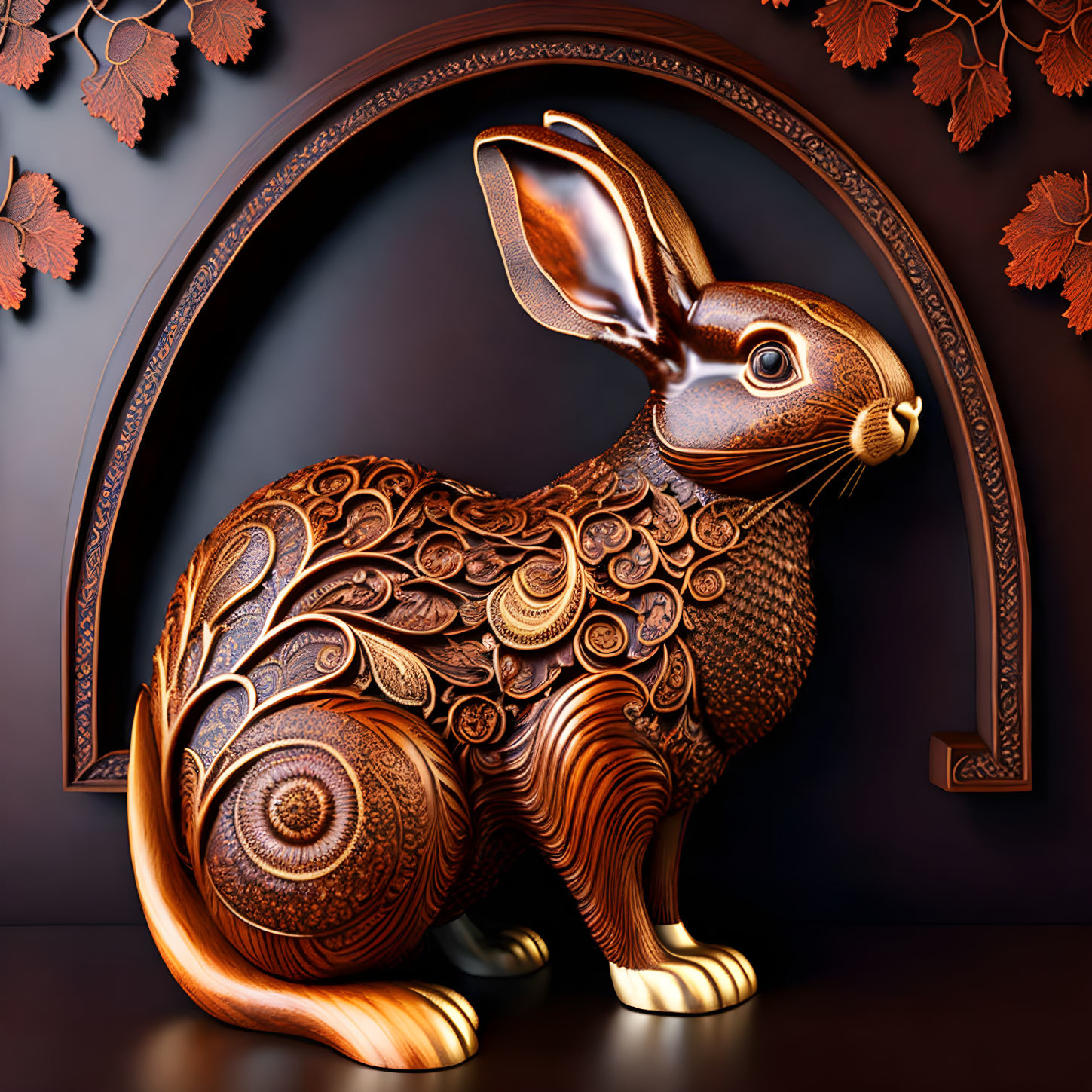 Intricate metallic rabbit sculpture with swirls and leaf motifs against dark backdrop