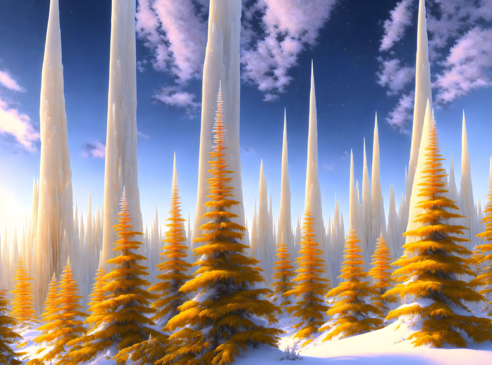 Golden needle-like trees in snowy fantasy landscape