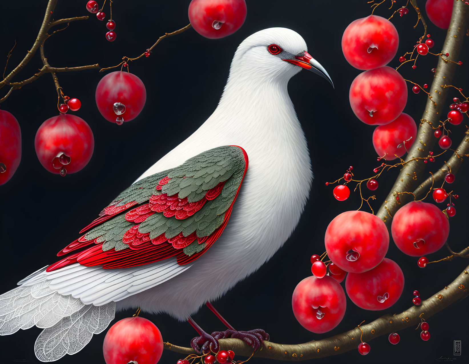 Detailed illustration of white bird with red and green wings on branch with red berries.