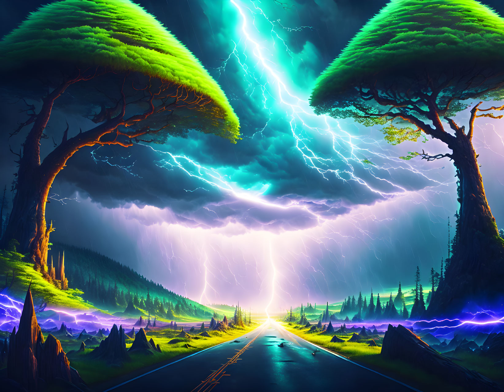 Surreal landscape with road, trees, lightning, and luminous horizon