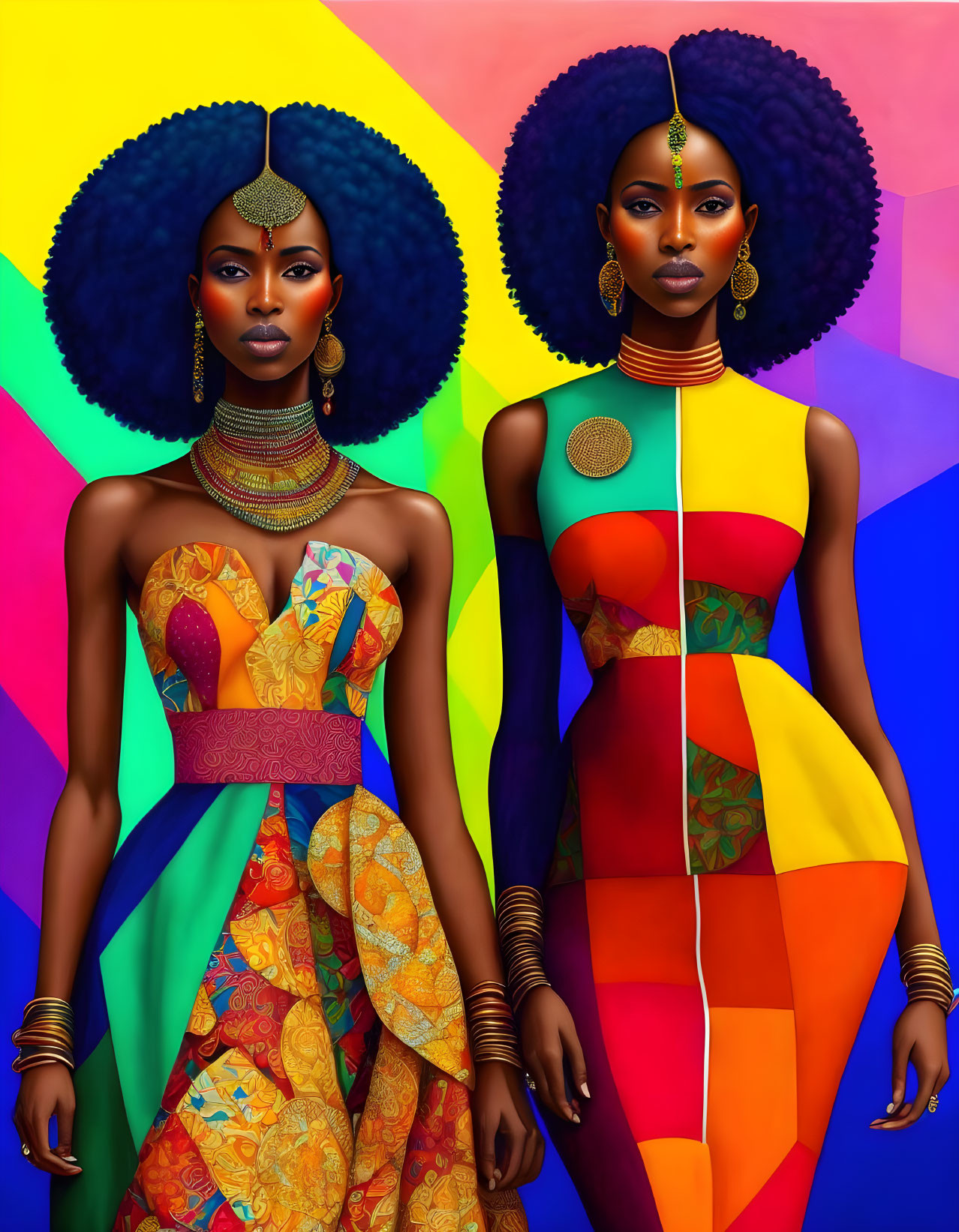 Two women in vibrant attire against colorful geometric backdrop.