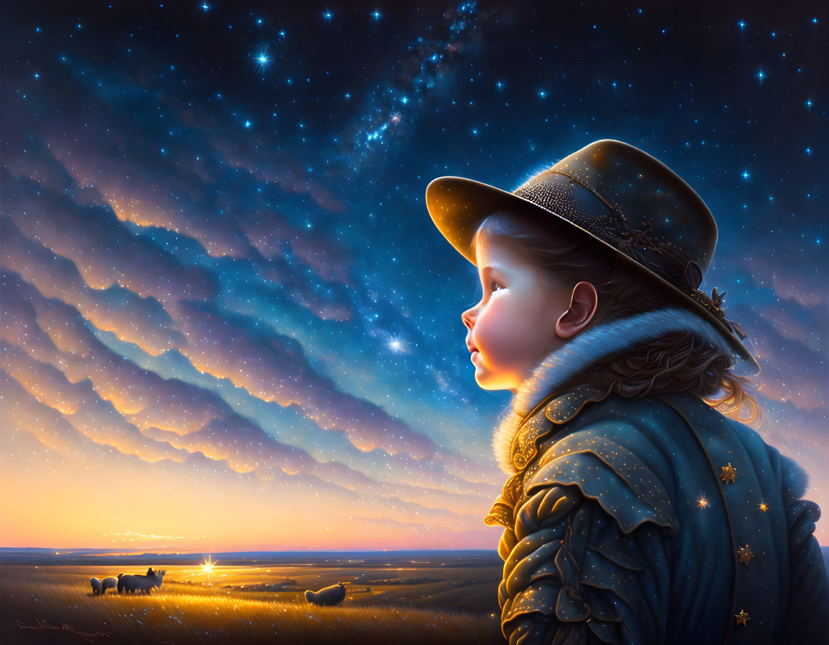 Child in hat admires starlit sky with sunset and silhouetted animals