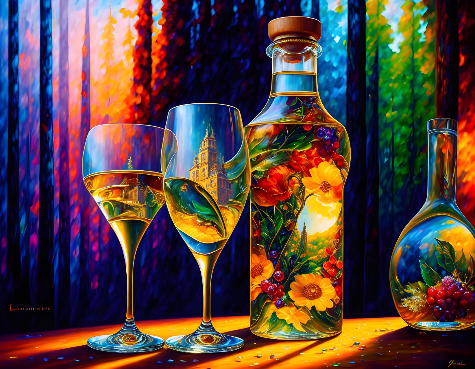 Colorful still-life painting of wine glasses, bottle, and carafe against forest backdrop