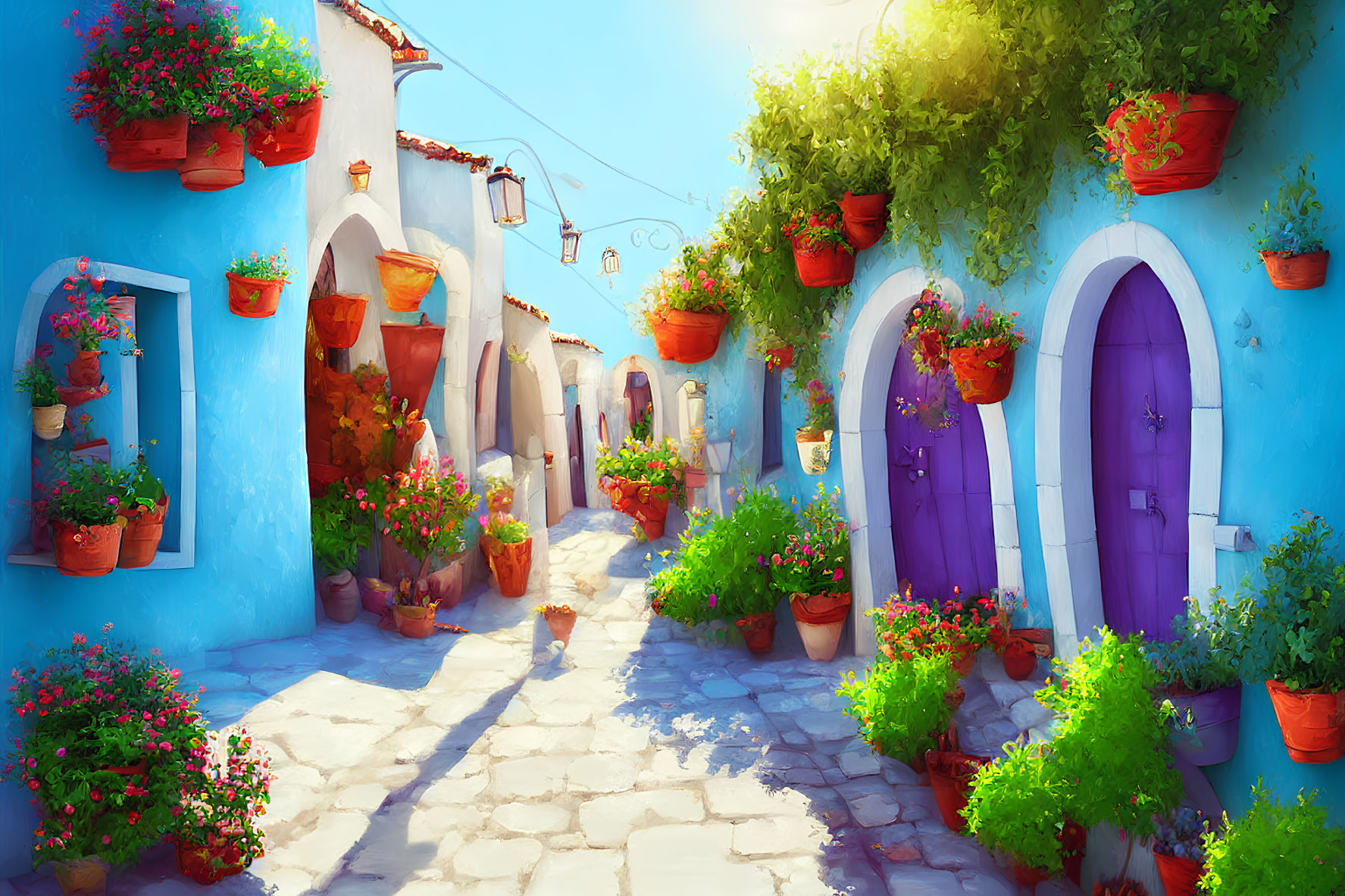 Vibrant illustration of alley with colorful walls and flower pots