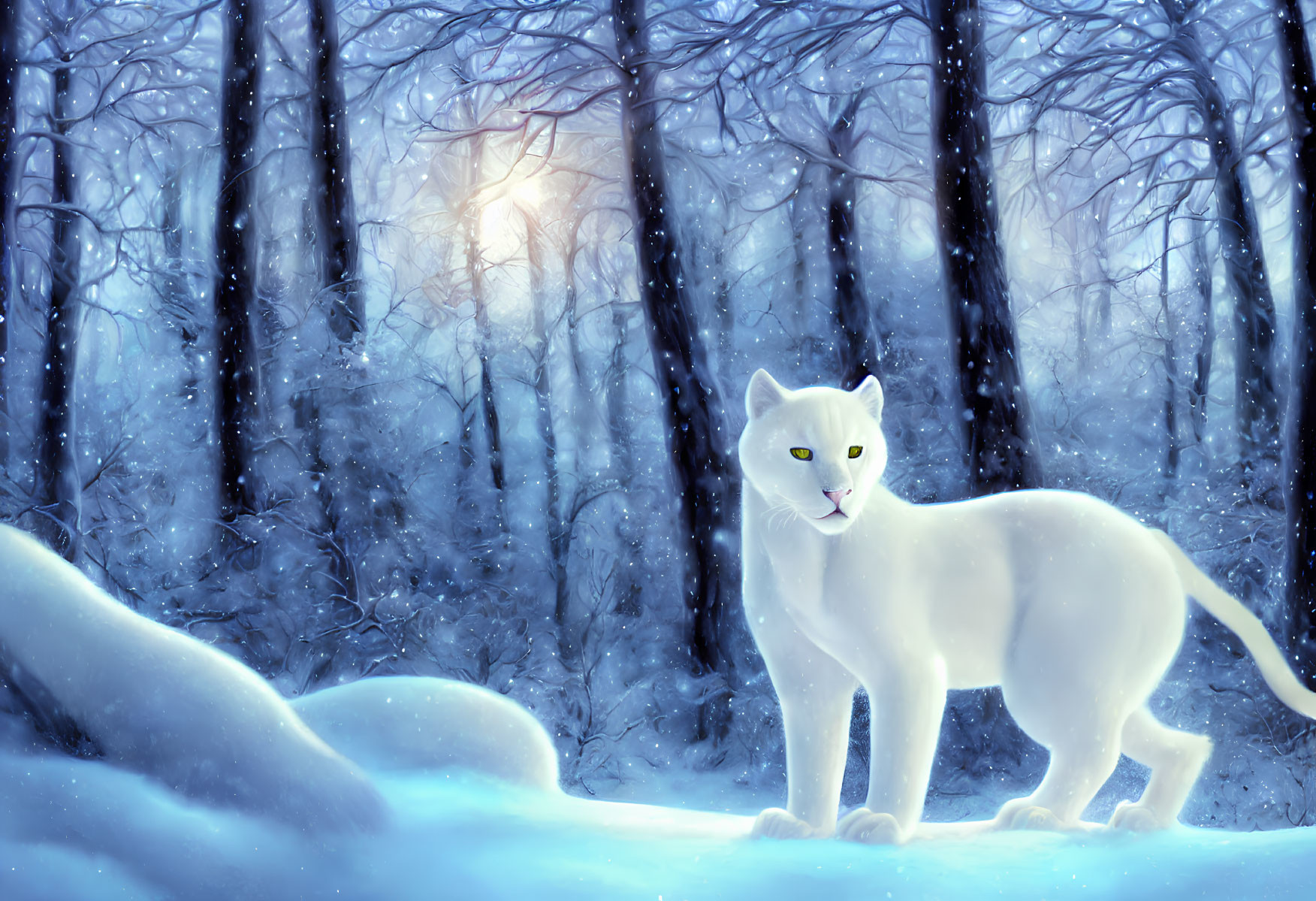 Majestic white cat in snowy forest with sunlight filtering