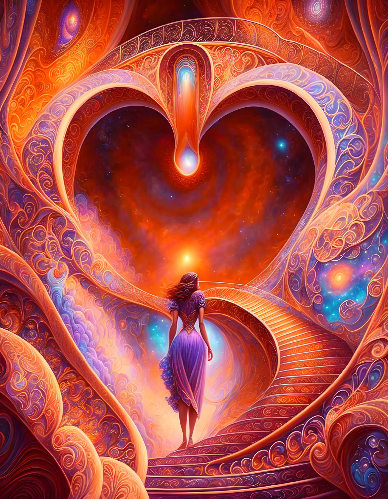 Woman in Violet Dress on Spiraling Staircase in Cosmic Heart Portal