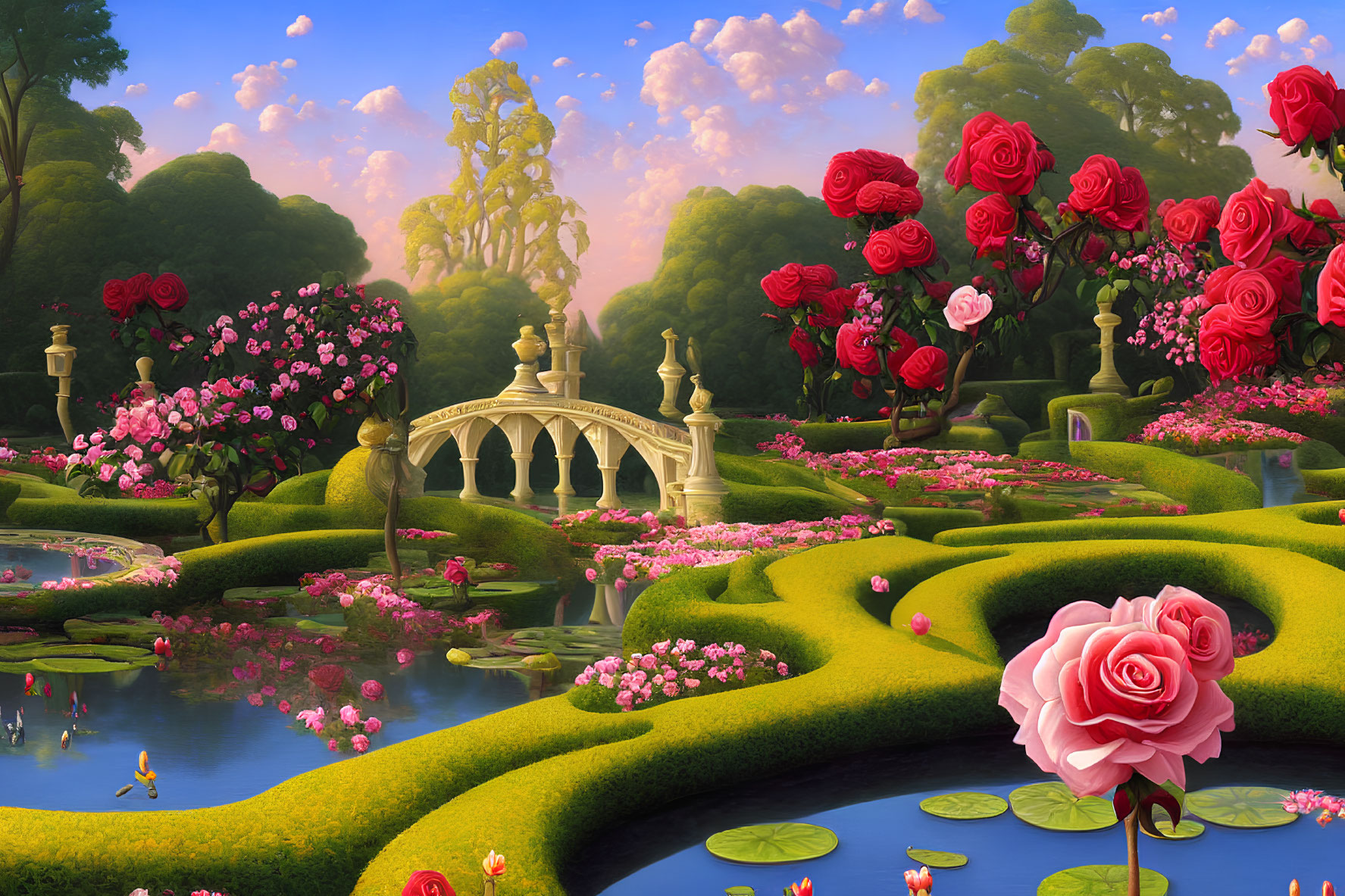 Tranquil landscape with pink roses, sculpted hedges, pond, bridge, and golden statues