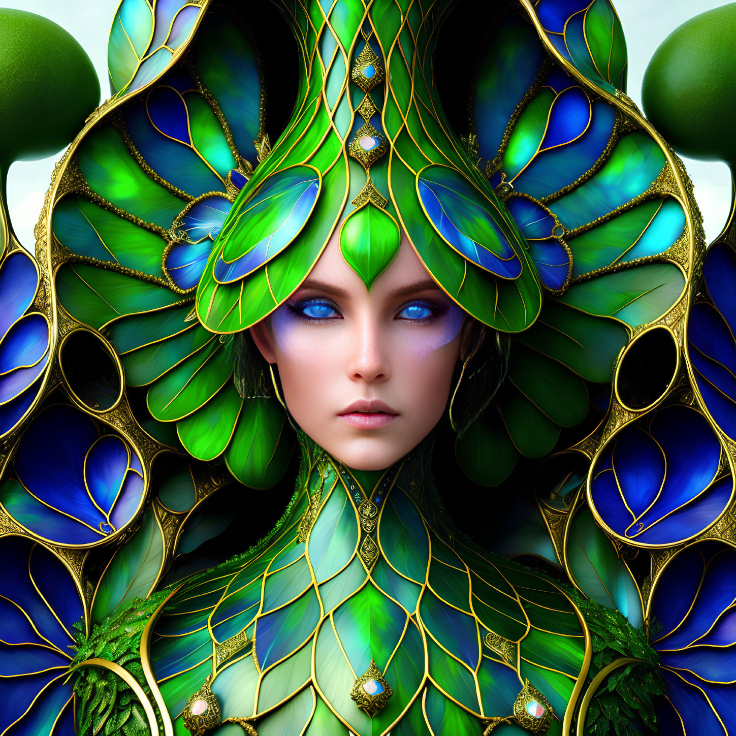 Vibrant digital art portrait of woman with peacock feather-inspired makeup and headdress