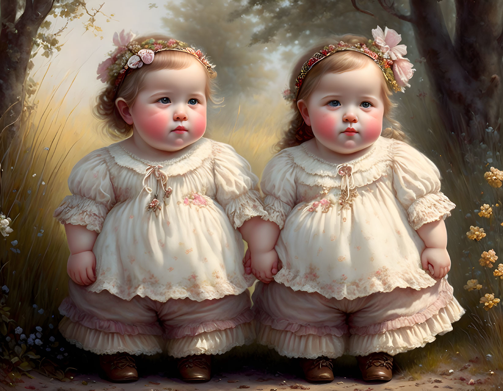 Two toddler girls in vintage cream dresses with floral headbands standing in woodland setting