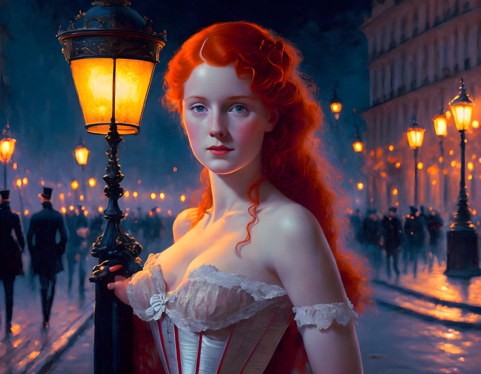 Red-haired woman in historical dress stands by lamppost on busy evening street