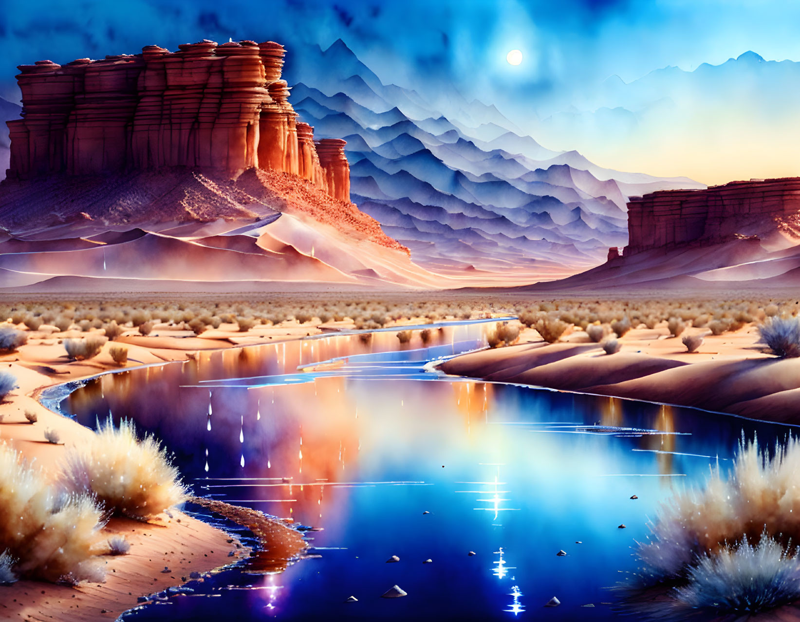 Tranquil twilight desert landscape with layered rocks, reflective water, and gradient sky