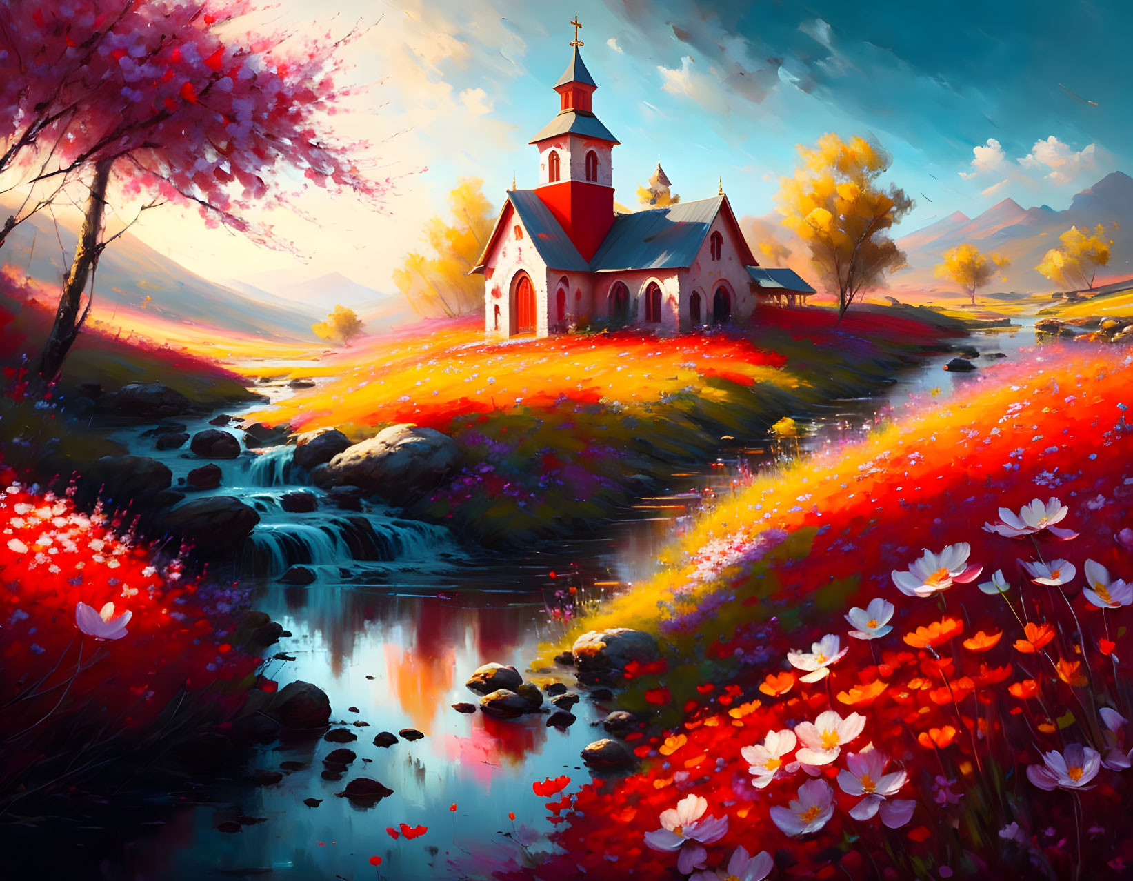 Colorful Landscape with Church, Stream, Flowers, Mountains, and Cherry Blossom Tree