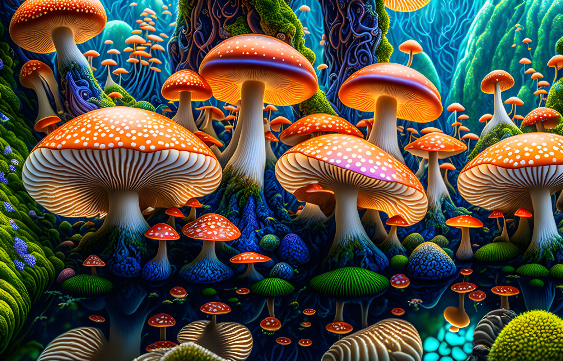 Colorful Mushroom Illustration in Surreal Forest Landscape