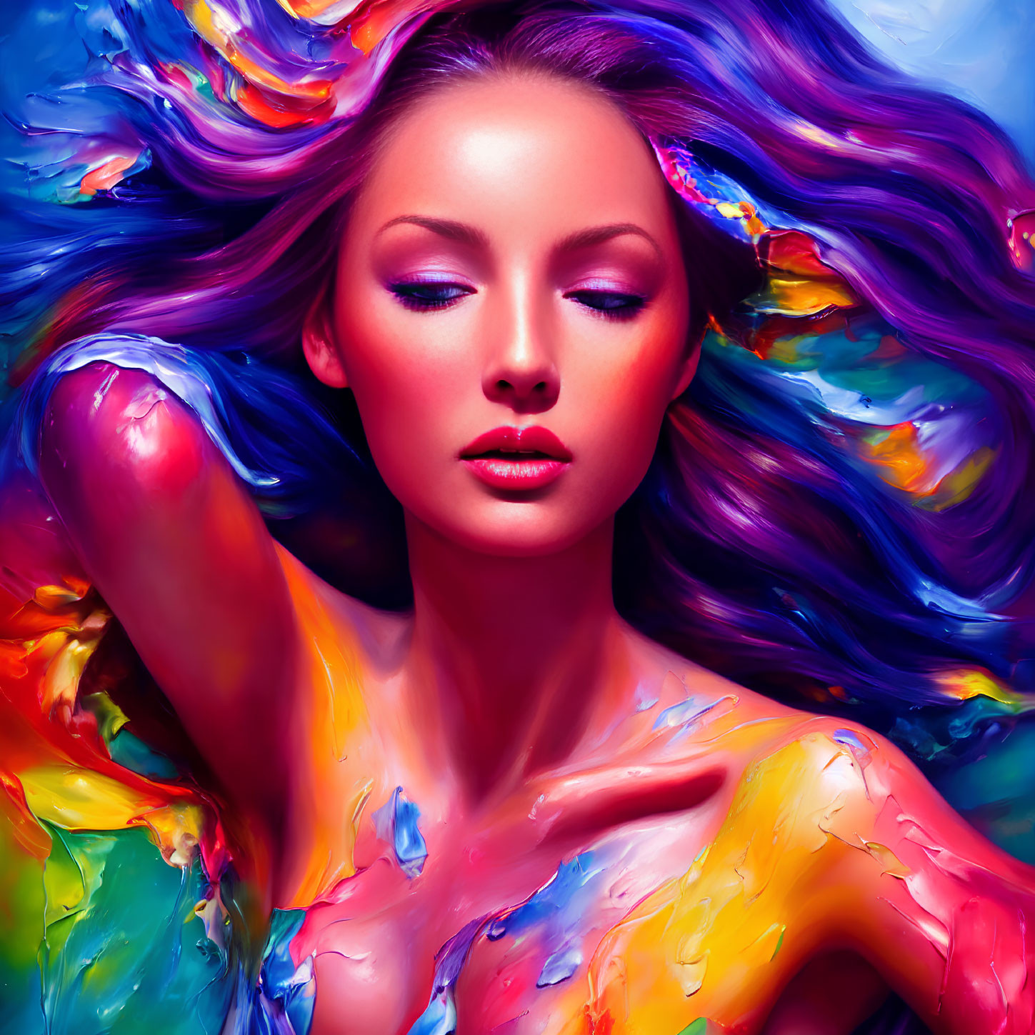 Colorful portrait of woman with multicolored hair and body paint on blue backdrop