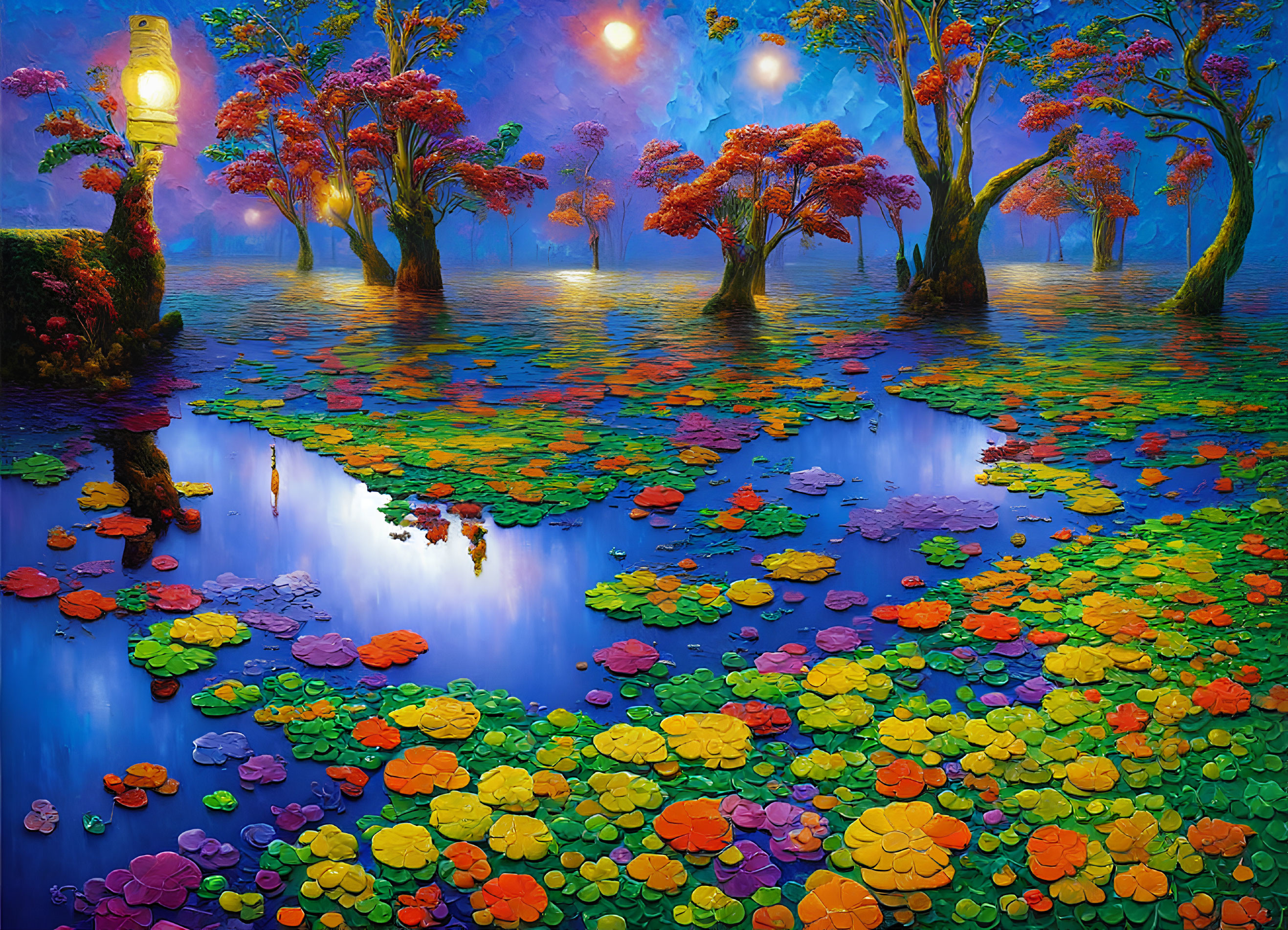 Colorful Landscape with Serene Pond and Luminous Trees at Twilight